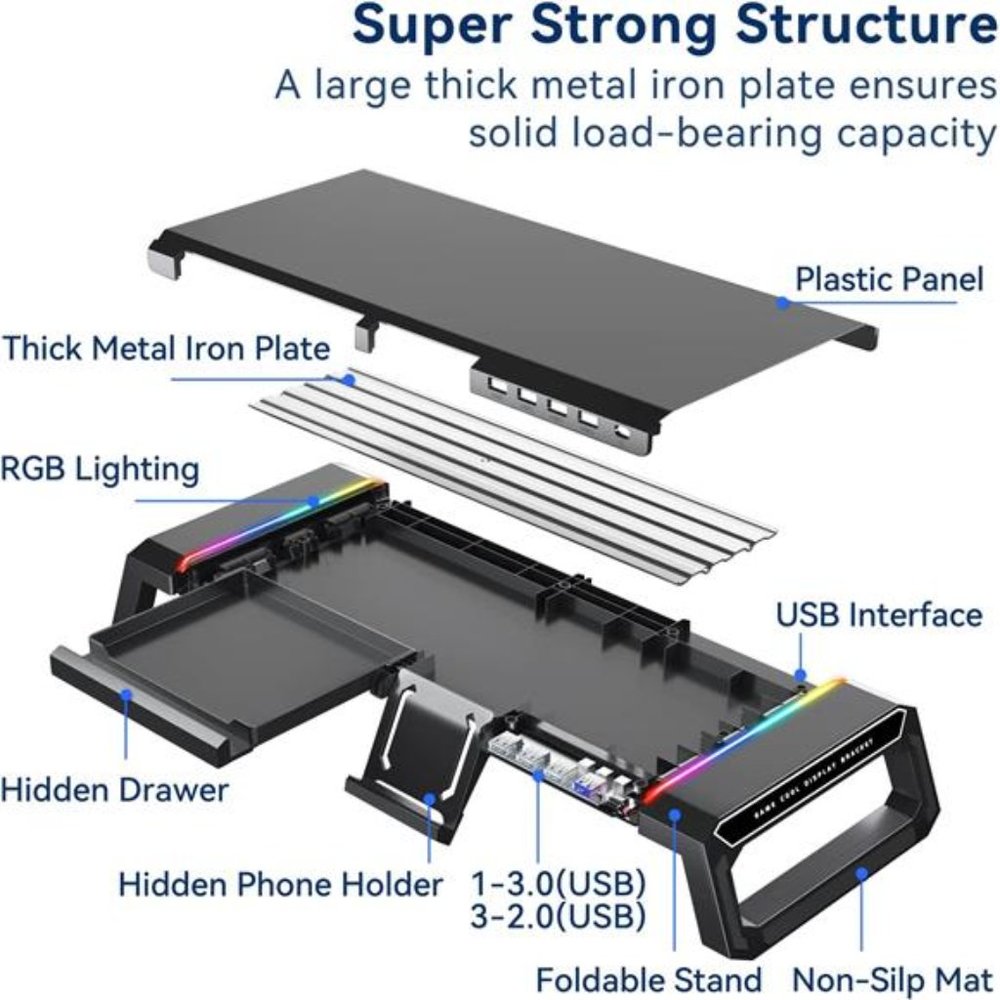 RGB Gaming Computer Monitor Stand Riser -3 Length Adjustable Computer Stand - Picture 2 of 7